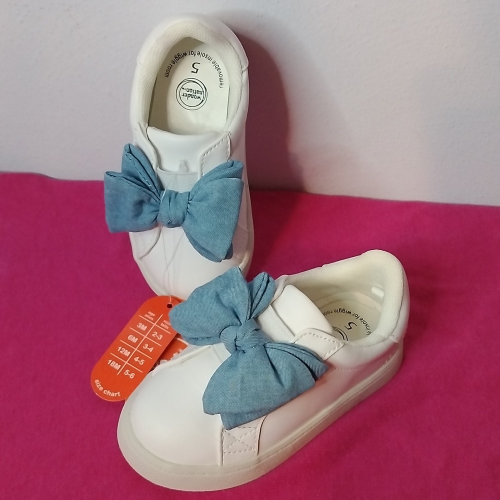 Toddler Girls White Tennis Shoes With Denim Bow